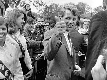 American Experience - "RFK" -  Robert F. Kennedy waves to supporters during a campaign appearance April 24, 1968 in Bloomington, Ind.