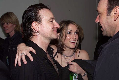 Bono, Winona Ryder, and Kevin Spacey - Backstage after U2 concert, October 27, 2000
