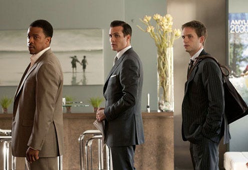 Suits - Season 1 - "Dirty Little Secrets" - Russell Hornsby as Quentin Sands, Gabriel Macht as Harvey Specter and Patrick J. Adams as Mike Ross