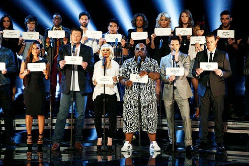 The Voice - Season 3 - "Final Performances" - hristina Milian, Blake Shelton, Christina Aguilera, Cee Lo Green, Adam Levine, Carson Daly and the Top 21 contestants from Season 3