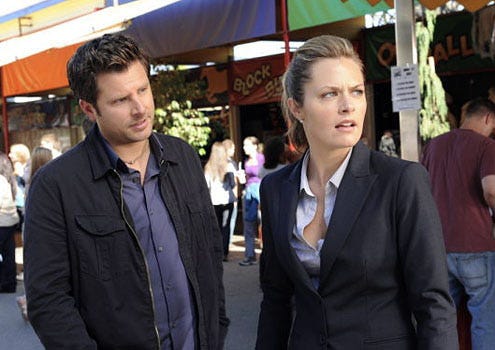 Psych - Season 4 - "In Plain Fright" - James Roday as Shawn Spencer and Maggie Lawson as Juliet O'Hara