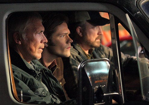 Supernatural - Season 5 - "The Curious Case of Dean Winchester" - Chad Everett as Older Dean, Jared Padalecki as Sam and Jim Beaver as Bobby