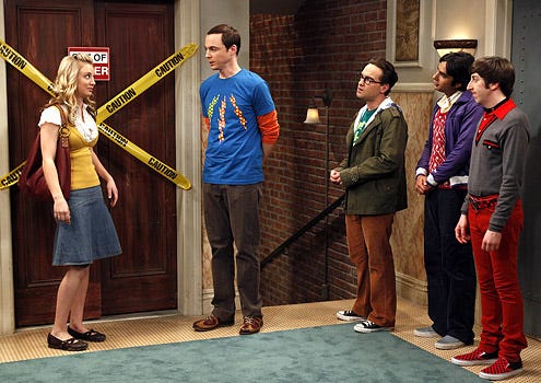 The Big Bang Theory - Season 2 - "The Hofstadter Isotope" - Kaley Cuoco as Penny, Jim Parsons as Sheldon, Johnny Galecki as Leonard, Kunal Nayyar as Raj and Simon Helberg as as Wolowitz
