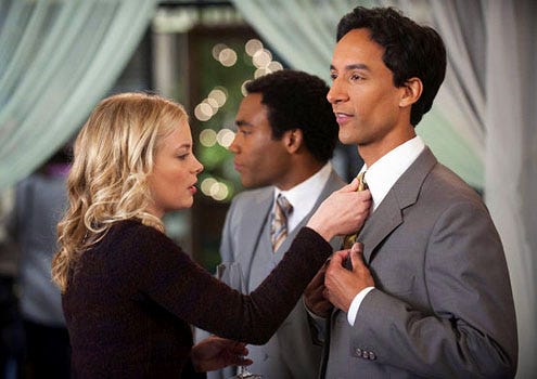 Community - Season 3 - "Urban Matrimony and the Sandwich Arts" - Gillian Jacobs as Britta, Donald Glover as Troy and Danny Pudi as Abed