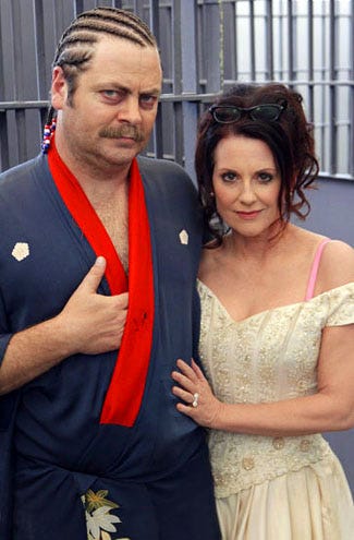 Parks and Recreation - Season 3 - "Ron & Tammy, Part 2" - Nick Offerman as Ron Swanson and Megan Mullally as Tammy Swanson