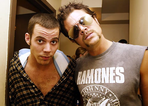 Johnny Knoxville and Steve-O from Jackass backstage at the LIFEbeat 10th Anniversary benefit concert - Hammerstein Ballroom - New York City - Aug. 28 2002