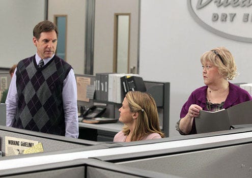 Love Bites - Season 1 - "Stand and Deliver" - Tim Bagley as Dennis, Emily Rutherfurd as Julia and Kathy Kinney as Karen