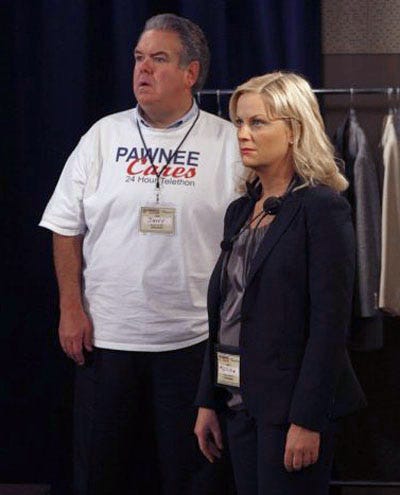 Parks and Recreation - Season 2 - "Telethon" - Jim O'Heir as Jerry Gergich and Amy Poehler as Leslie Knope