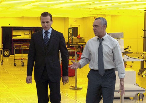 Suits - Season 1 - "Inside Track" - Gabriel Macht as Harvey Specter and Titus Welliver as Dominic Barrone