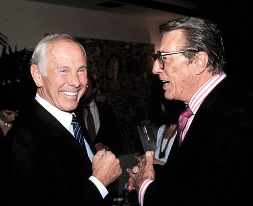 Johnny Carson and Fred DeCordova - booky party for DeCordova, West Hollywood, March 14, 2001