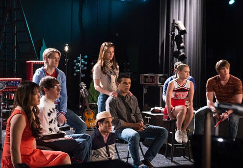 Glee - Season 4 - "Lights Out" - Jenna Ushkowitz, Kevin McHale, Chord Overstreet, Darren Criss, Melissa Benoist, Jacob Artist, Becca Tobin and Blake Jenner