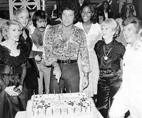 Joan Rivers, Joey Heatherton, Sonny Bono, Tom Jones, Dionne Warwicke, Debbie Reynolds, and Liberace - Tom Jones celebrates his 34th birthday at Caesars Palace, Las Vegas on Jun 6, 1974