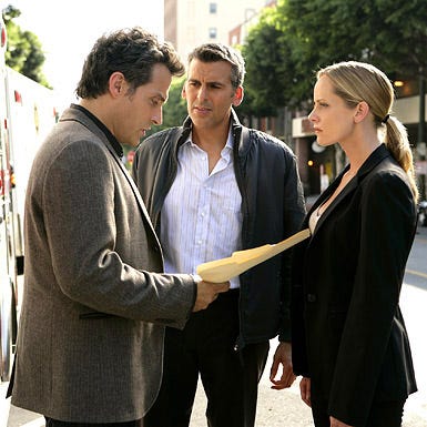 Eleventh Hour - Season 1, "Containment" - Rufus Sewell as Dr. Hood, Marley Shelton as Rachel Young and Oded Fehr as Calvert Rigdon