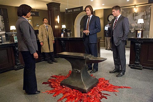 Supernatural - Season 8 - "Hunteri Heroici" - Catherine Lough Haggquist, Misha Collins, Jared Padalecki and Jensen Ackles