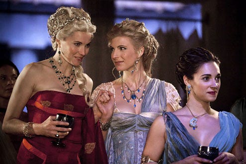 Spartacus: Blood and Sand - Season 1 - "Legends" - Lucy Lawless as Lucretia and Viva Bianca as Illithyia