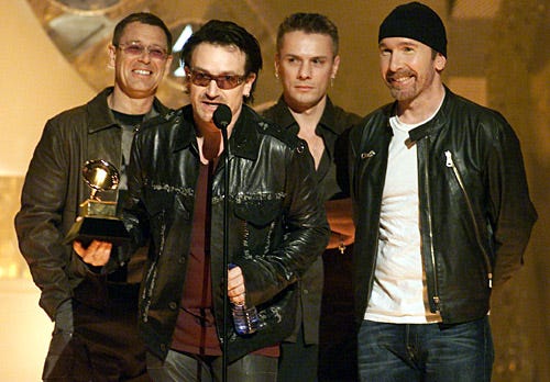 The Edge, Larry Mullen Jr., Adam Clayton and Bono of U2 - 44th Annual Grammy Awards - Angeles, Ca. Feb. 27, 2002