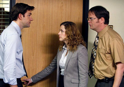 The Office - Season 5 - "Company Picnic" - John Krasinski as Jim Halpert, Jenna Fischer as Pam Beesly and Rainn Wilson as Dwight Schrute