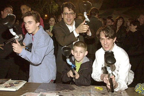 Frankie Muniz and Erik Per Sullivan of "Malcolm in the Middle" with John Flansburgh and John Linnell of They Might Be Giants - "Malcolm in the Middle" Album Release Party 2001