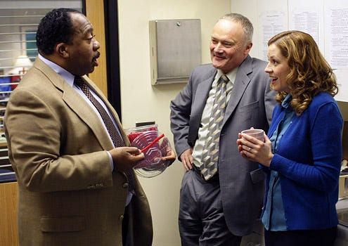 The Office - Season 5 - "The Michael Scott Paper Company" - Leslie David Baker as Stanley Hudson, Creed Bratton as Creed Bratton and Jenna Fischer as Pam Beesly