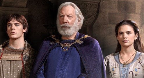 The Pillars of the Earth - Season 1 - Sam Claflin as Richard, Donald Sutherland as Bartholomew and Hayley Atwell as Aliena