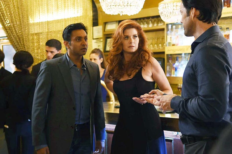 The Mysteries of Laura - Season 1 - "The Mystery of the Dead Date" - Bhavesh Patel, Debra Messing and Lorenzo Pisoni