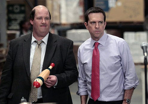 The Office - Season 8 - "Pam's Replacement" - Brian Baumgartner as Kevin Malone and Ed Helms as Andy Bernard