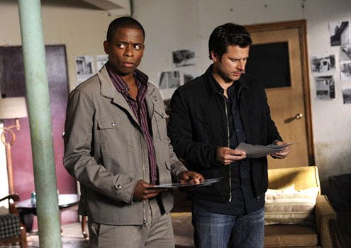 Psych - Season 4 - "Dual Spires" - Dule Hill as Gus Guster and James Roday as Shawn Spencer