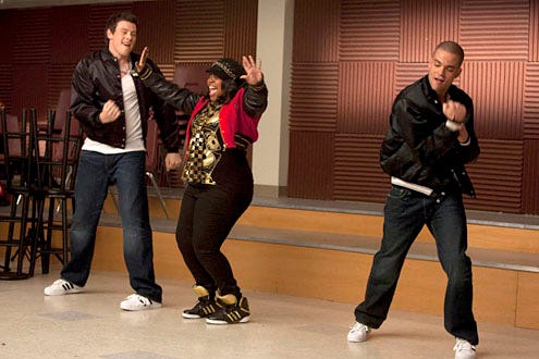 Glee - Season 1 - "Theatricality" - Cory Monteith as Finn, Amber Riley as Mercedes, and Mark Salling as Puck