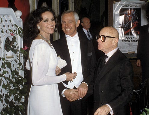 Joanna Carson, Johnny Carson and Swifty Lazaar - Academy Awards party at Bistro Gardens, Beverly Hills, CA, March 31, 1981