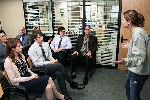 The Office - Season 9 - "Junior Salesman" - Phyllis Smith, Ellie Kemper, Creed Bratton, Jake Lacy, Clark Duke, Rainn Wilson and Jenna  Fischer