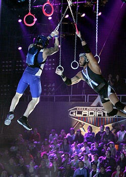 American Gladiators - Episode 101 - "Hang Tough" - Contestant Chad and Wolf
