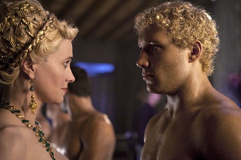 Spartacus: Blood and Sand - Season 1 - "Legends" - Lucy Lawless as Lucretia and Jai Courtney as Varro