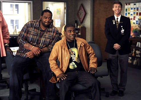 30 Rock - Season 5 - "Everything Sunny All The Time Always" - Grizz Chapman as Grizz, Tracy Morgan as Tracy Jordan and Jack McBrayer as Kenneth Parcell