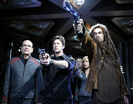 Stargate Atlantis - Season 5, "The Ghost in the Machine" - Robert Picardo as Richard Woolsey, Joe Flanigan as Lt. Col. John Sheppard, Rachel Luttrell as Teyla Emmagan, Jason Momoa as Ronon Dex