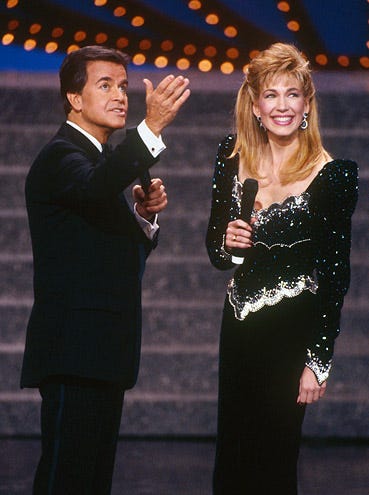 Dick Clark and Leeza Gibbons - hosting 1990 Miss Universe pageant - April 16, 1990