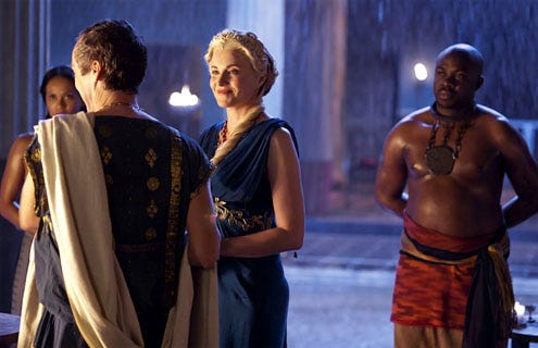 Spartacus: Blood and Sand - Season 1 - "Delicate Things" - John Hannah as Batiatus and Lucy Lawless as Lucretia