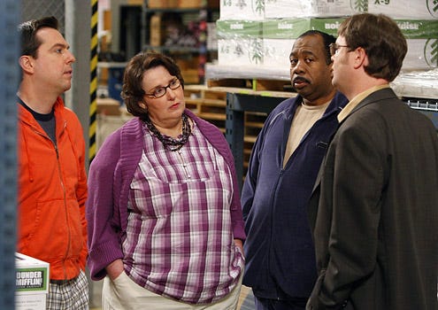 The Office - Season 5 - "Casual Friday" - Ed Helms as Andy Bernard, Phyllis Smith as Phyllis Lapin, Leslie David Baker as Stanley Hudson and Rainn Wilson as Dwight Schrute