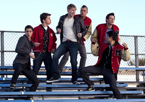 Glee - Season 3 - "Yes/No" - Darren Criss as Blaine, Damian McGinty as Rory, Chord Overstreet as Sam, Mark Salling as Puck, Cory Monteith as Finn and Harry Shum as Mike