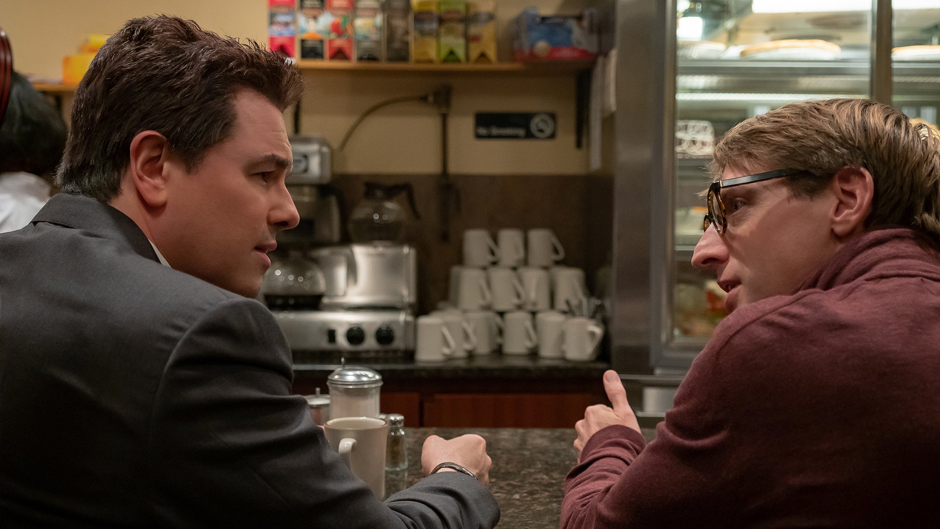 Seth MacFarlane as Brian Lewis and Fran Kranz as Gabe Sherman in The Loudest Voice.