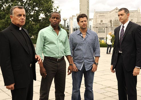 Psych - Season 3 - "The Devil is in the Details & the Upstairs Bedroom" - Ray Wise as Farther Westley, Dule Hill as Gus Guster, James Roday as Shawn Spencer and Timothy Omundson as Carlton Lassiter