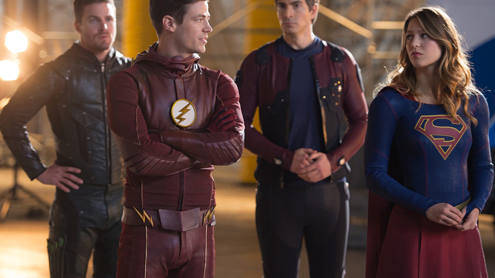Grant Gustin, Melissa Benoist, Brandon Routh and Stephen Amell, Legends of Tomorrow