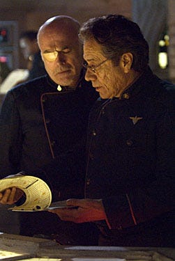 Battlestar Galactica - Season 4, "The Oath" - Michael Hogan as Colonel Saul Tigh, Edward James Olmos as Admiral William Adama