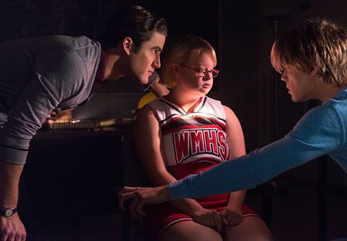 Glee - Season 4 - "Lights Out" - Darren Criss, Lauren Potter, Chord Overstreet