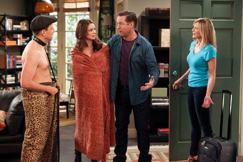 Two and a Half Men - Season 11 - "Welcome Home, Jake" - Jon Cryer as Alan Harper, Kimberly Williams-Paisley as Gretchen, D.B. Sweeney as Larry, and Courtney Thorne-Smith as Lyndsey