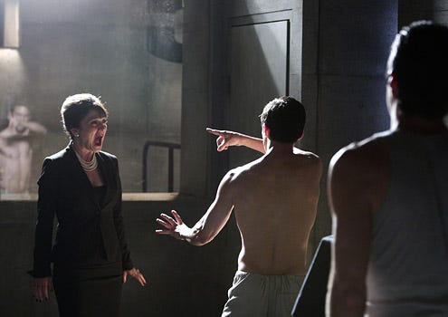 Heroes - Season 3 - "Angels and Monsters" - Cristine Rose as Angela Petrelli, Milo Ventimiglia as Peter Petrelli and Zachary Quinto as Sylar
