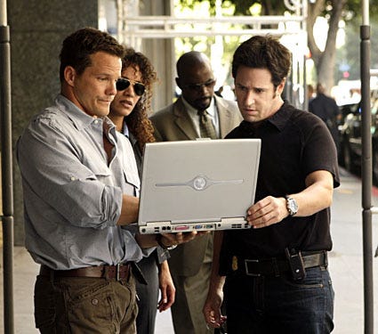 Numb3rs - Season 5, "The Decoy Effect" - Dylan Bruno as Colby, Sophina Brown as Nikki, Alimi Ballard as David, Rob Morrow as Don