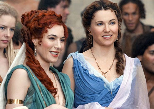 Spartacus: Gods of the Arena - Jamie Murray as Gaia and Lucy Lawless as Lucretia
