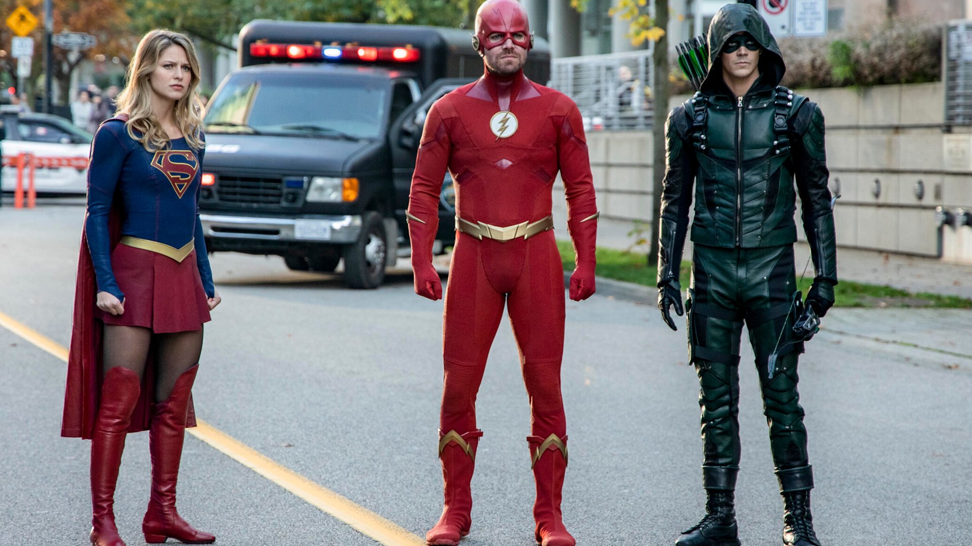 Melissa Benoist, Stephen Amell and Grant Gustin, Arrow