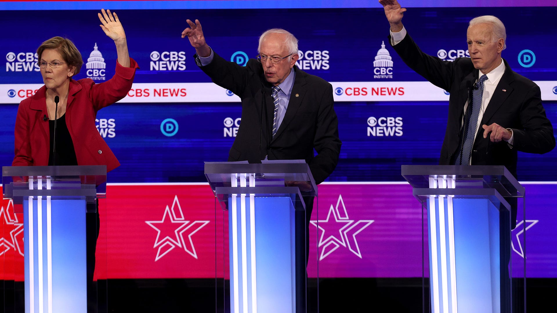 Senator Elizabeth Warren, Senator Bernie Sanders, and former Vice President Joe Biden South Carolina Democratic presidential primary debate