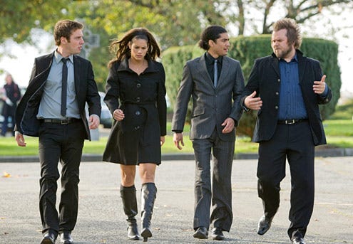 Reaper - Season 2 - "The Home Stretch" - Bret Harrison as Sam, Missy Peregrym as Andi, Rick Gonzalez as Ben and Tyler Labine as Sock